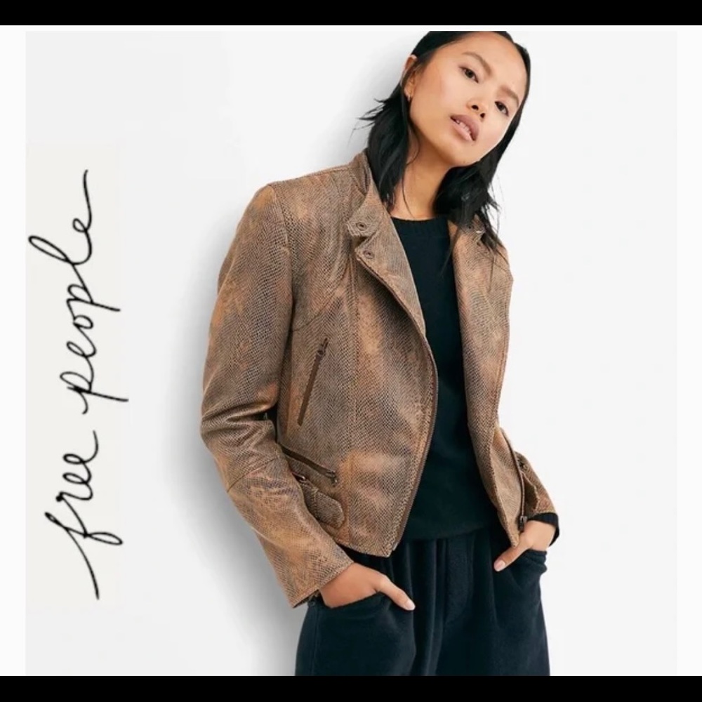 NWT; Free People Fenix Vegan Snakeskin Jacket, Black Combo; Size Large